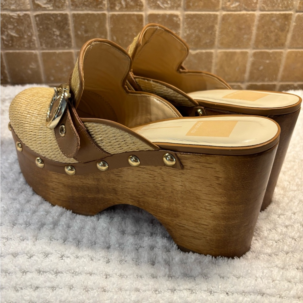 Dolce Vita Beige Woven Platform Clog Mules with Brown Trim - Picture 2 of 6